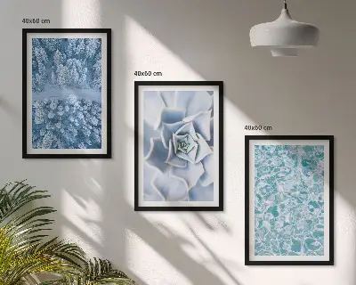 Bilder-3er-Set mit Rahmen Winterwald mit blauer Blume und Wasser