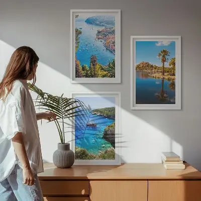Gerahmtes Bilderset Palmen am Meer mit blauem Wasser