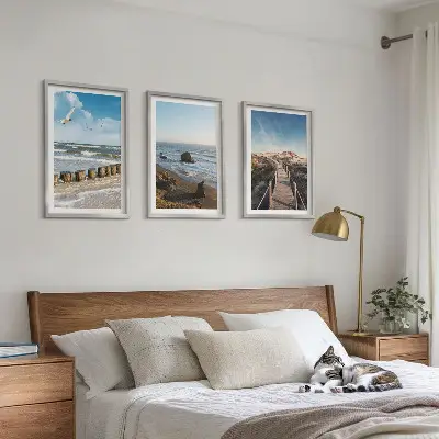 3er-Set Bilder mit Rahmen mit Strandwellen, Himmelsbrücke und Spaziergang Motiv