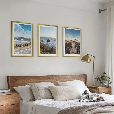 3er-Set Bilder mit Rahmen mit Strandwellen, Himmelsbrücke und Spaziergang Motiv