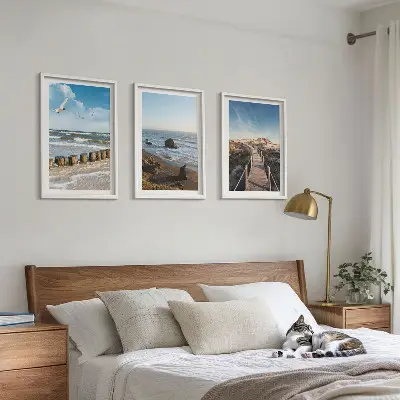 3er-Set Bilder mit Rahmen mit Strandwellen, Himmelsbrücke und Spaziergang Motiv