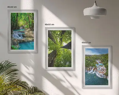 Gerahmtes Bilderset mit Wasserfall und grünem Wald