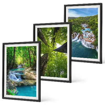 Gerahmtes Bilderset mit Wasserfall und grünem Wald