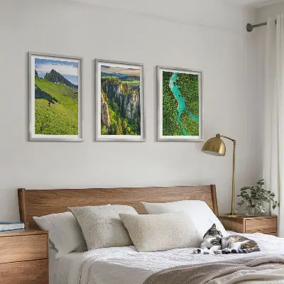 3er-Set Bilder mit Rahmen Grüne Berge und Flussfelsen