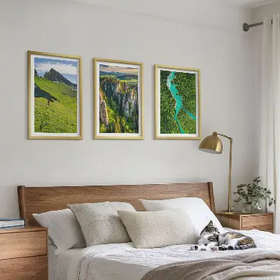 3er-Set Bilder mit Rahmen Grüne Berge und Flussfelsen