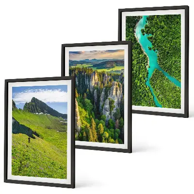 3er-Set Bilder mit Rahmen Grüne Berge und Flussfelsen