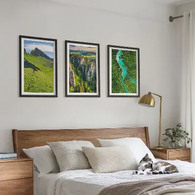 3er-Set Bilder mit Rahmen Grüne Berge und Flussfelsen