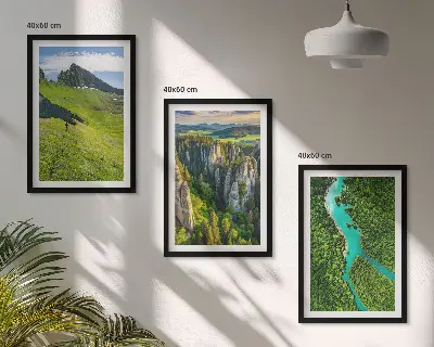 3er-Set Bilder mit Rahmen Grüne Berge und Flussfelsen