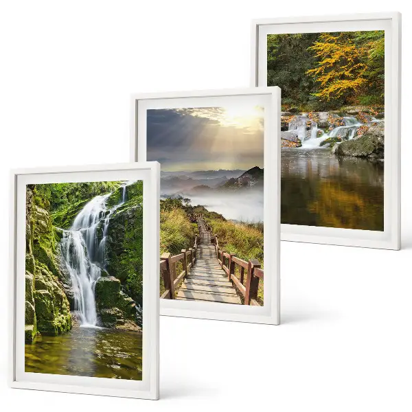 Gerahmtes Bilderset mit Motiven von Wasserfällen, Bergen, Wolken und Herbstlandschaften