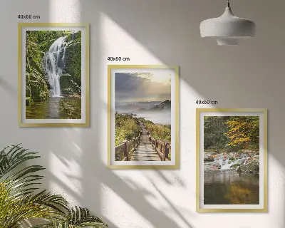 Gerahmtes Bilderset mit Motiven von Wasserfällen, Bergen, Wolken und Herbstlandschaften