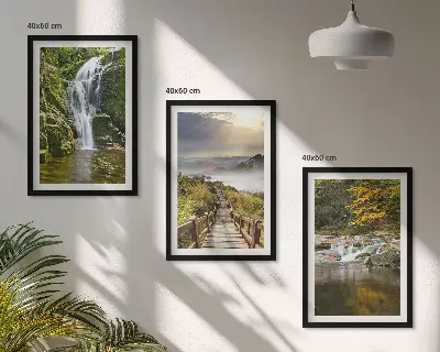 Gerahmtes Bilderset mit Motiven von Wasserfällen, Bergen, Wolken und Herbstlandschaften