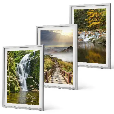 Gerahmtes Bilderset mit Motiven von Wasserfällen, Bergen, Wolken und Herbstlandschaften