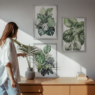 Bilder-3er-set mit rahmen Aquarell von grünen tropischen Blättern