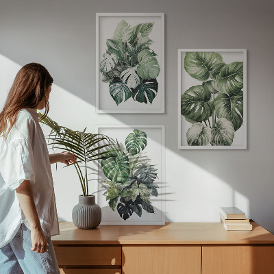 Bilder-3er-set mit rahmen Aquarell von grünen tropischen Blättern