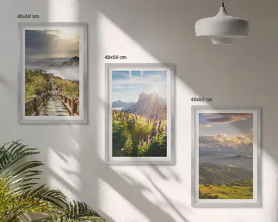 Berglandschaft mit Blumen 3er-Set Bilder mit Rahmen