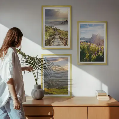 Berglandschaft mit Blumen 3er-Set Bilder mit Rahmen