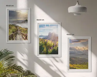Berglandschaft mit Blumen 3er-Set Bilder mit Rahmen