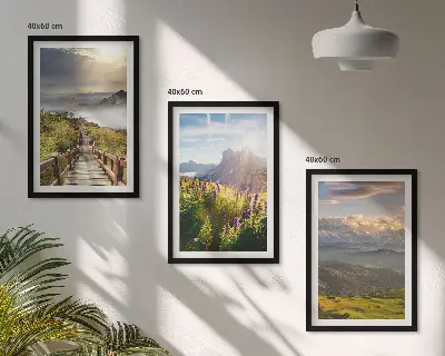 Berglandschaft mit Blumen 3er-Set Bilder mit Rahmen