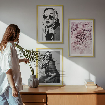 Bilder-3er-set mit rahmen Stilvolle Porträts von Frauen mit Blumen
