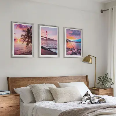Bilder-3er-Set mit Rahmen Landschaft mit Sonnenuntergang an der Brücke