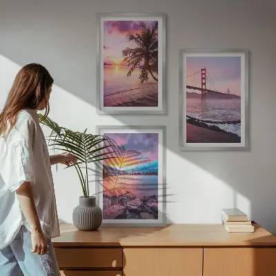 Bilder-3er-Set mit Rahmen Landschaft mit Sonnenuntergang an der Brücke