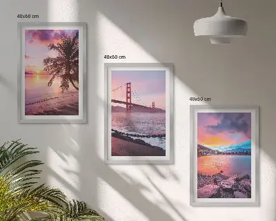 Bilder-3er-Set mit Rahmen Landschaft mit Sonnenuntergang an der Brücke