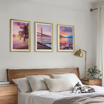Bilder-3er-Set mit Rahmen Landschaft mit Sonnenuntergang an der Brücke