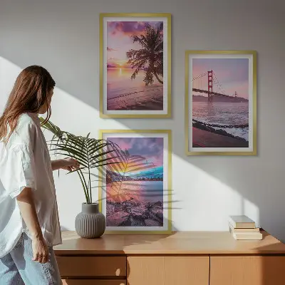 Bilder-3er-Set mit Rahmen Landschaft mit Sonnenuntergang an der Brücke