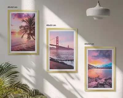 Bilder-3er-Set mit Rahmen Landschaft mit Sonnenuntergang an der Brücke