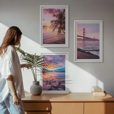 Bilder-3er-Set mit Rahmen Landschaft mit Sonnenuntergang an der Brücke