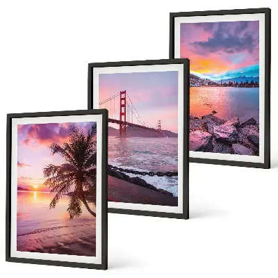 Bilder-3er-Set mit Rahmen Landschaft mit Sonnenuntergang an der Brücke