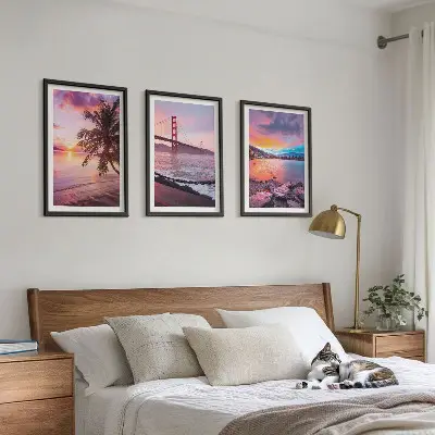 Bilder-3er-Set mit Rahmen Landschaft mit Sonnenuntergang an der Brücke