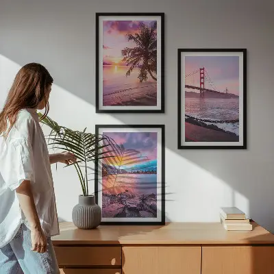 Bilder-3er-Set mit Rahmen Landschaft mit Sonnenuntergang an der Brücke