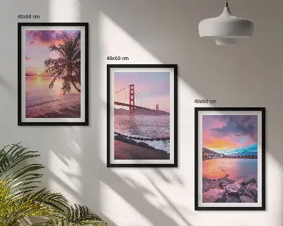 Bilder-3er-Set mit Rahmen Landschaft mit Sonnenuntergang an der Brücke