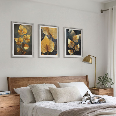 Bilder-3er-set mit rahmen Gelbe Blätter auf dunklem Hintergrund