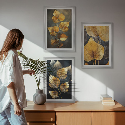 Bilder-3er-set mit rahmen Gelbe Blätter auf dunklem Hintergrund