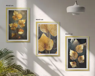 Gelbe Blätter auf dunklem Hintergrund 3er-Set Bilder mit Rahmen