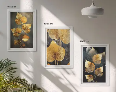 Gelbe Blätter auf dunklem Hintergrund 3er-Set Bilder mit Rahmen