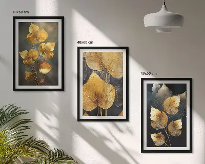 Gelbe Blätter auf dunklem Hintergrund 3er-Set Bilder mit Rahmen
