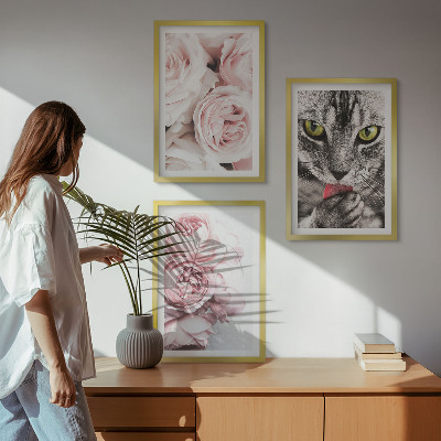 Gerahmtes bilderset Katze in rosa Blumen