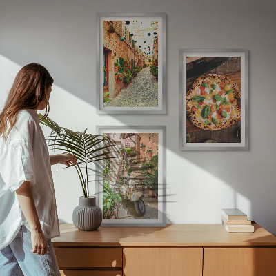 Gerahmtes bilderset Charmante Straßen mit Pizza