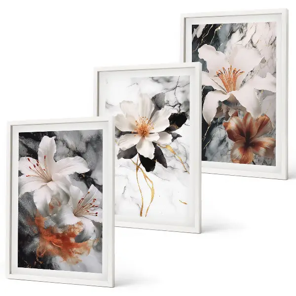 Gerahmtes Bilderset mit Blumen-Motiv in Marmor-Optik schwarz-weiß