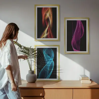 Neonwellenlinien auf dunklem Hintergrund Bilder-3er-Set mit Rahmen