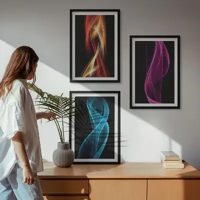 Neonwellenlinien auf dunklem Hintergrund Bilder-3er-Set mit Rahmen