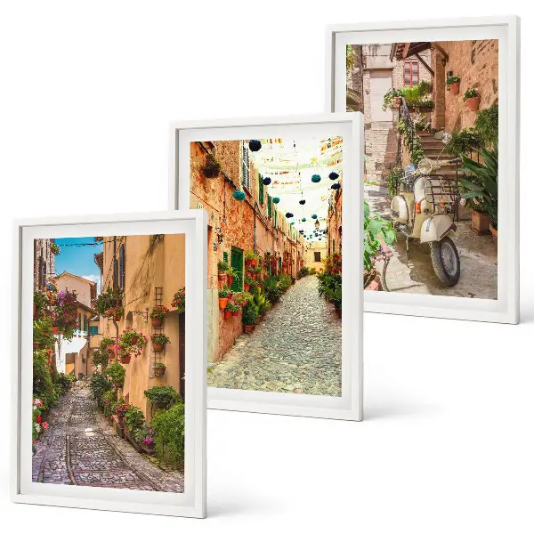 3er-Set Bilder mit Rahmen mit Motiven von Straßen, Blumen und italienischem Flair