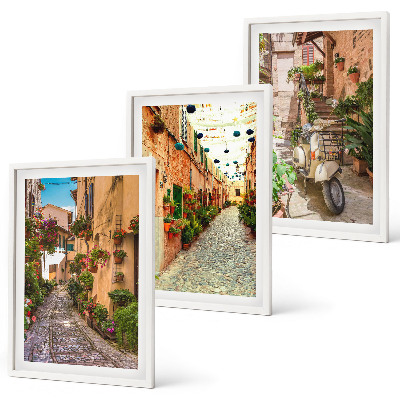 Bilder-3er-set mit rahmen Straßen, Blumen, italienisches Flair