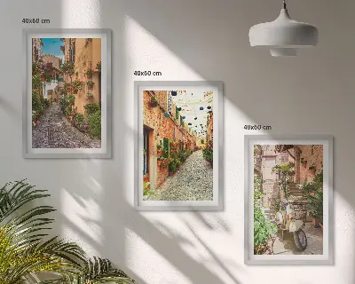 3er-Set Bilder mit Rahmen mit Motiven von Straßen, Blumen und italienischem Flair