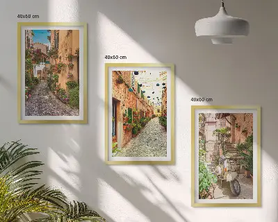 3er-Set Bilder mit Rahmen mit Motiven von Straßen, Blumen und italienischem Flair