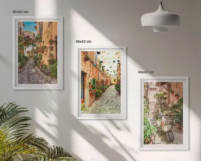 3er-Set Bilder mit Rahmen mit Motiven von Straßen, Blumen und italienischem Flair