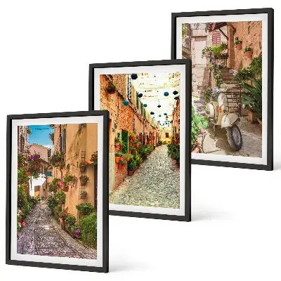 3er-Set Bilder mit Rahmen mit Motiven von Straßen, Blumen und italienischem Flair